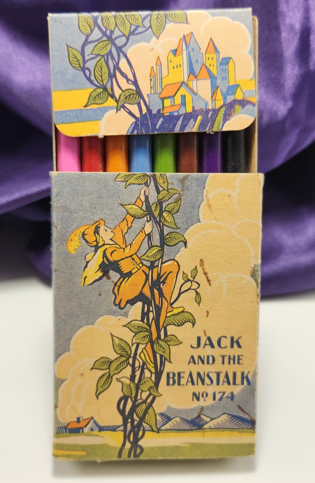 Vintage Eberhard Faber Jack & Beanstalk No 174 8 Color Pencils EASEL Box 1930s
