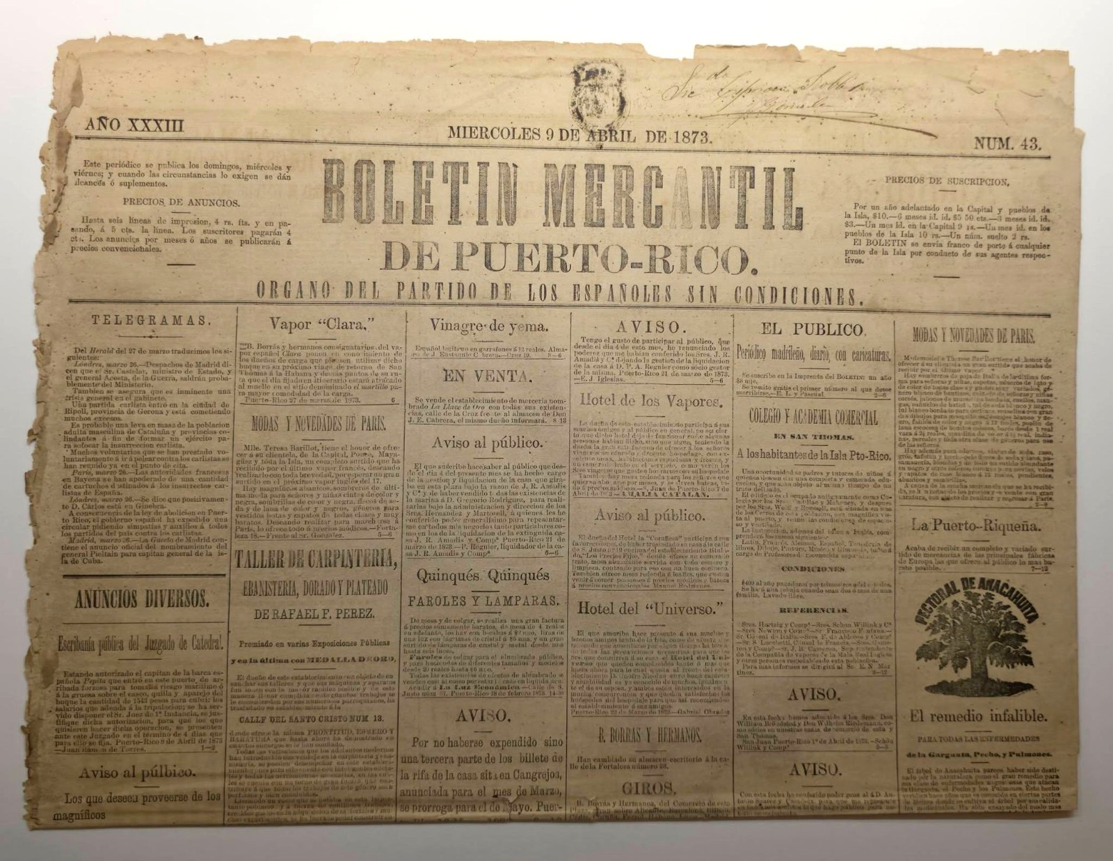 ANTIQUE NEWSPAPER  / BOLETIN MERCANTIL DE PUERTO RICO 1873 / VERY RARE #2