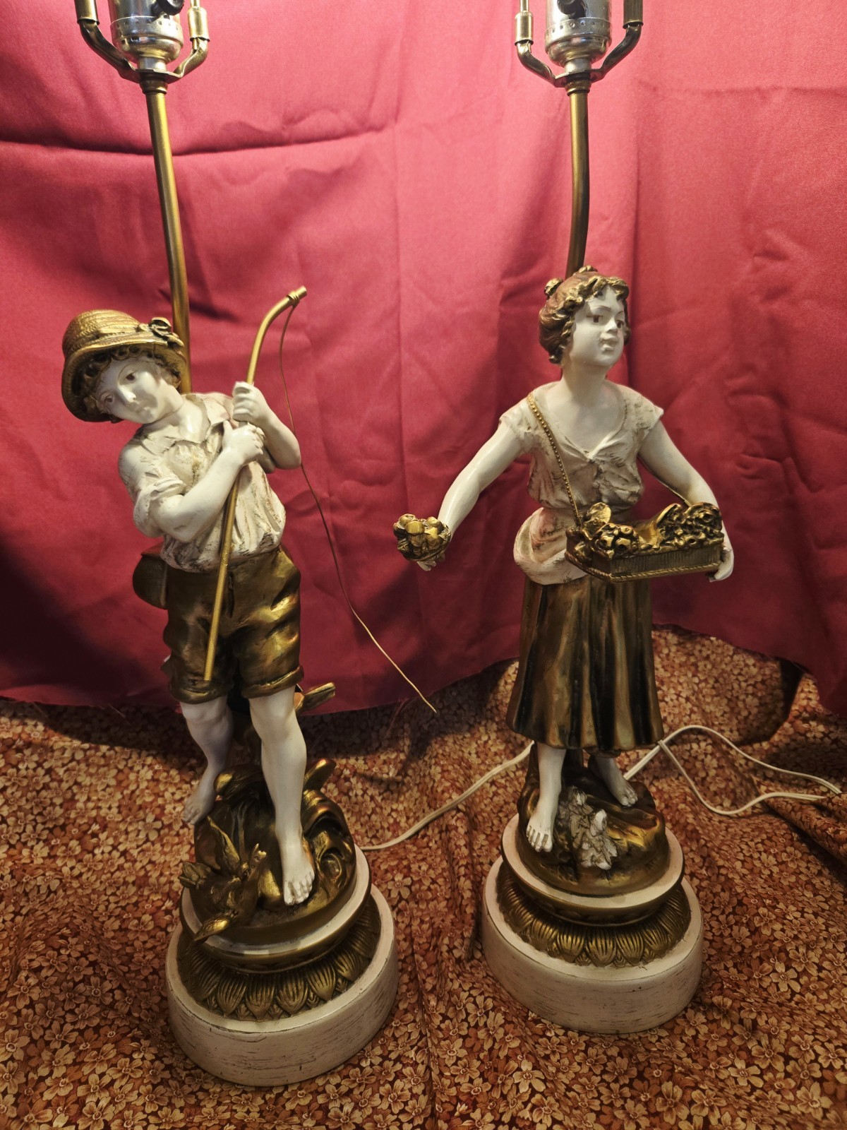 Antique French Victorian Moreau Figural Metal Boy and Girl Table Lamps Set 