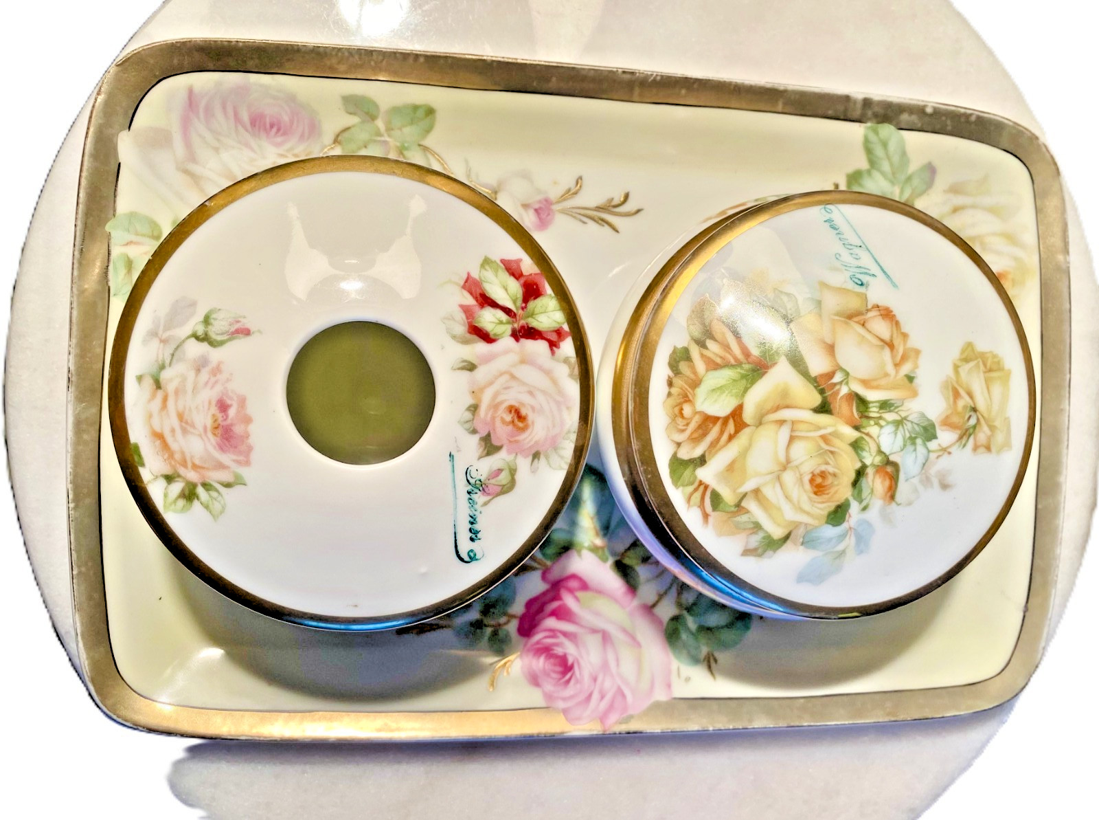 Antique Hand Painted 3 Crowns Germany 3 Pc Vanity Set Tray-Roses Gilded 1900's