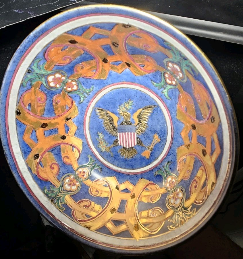 Chinese \ American Export Vintage Enameled Paste Porcelain 10 In Bowl Eagle Seal