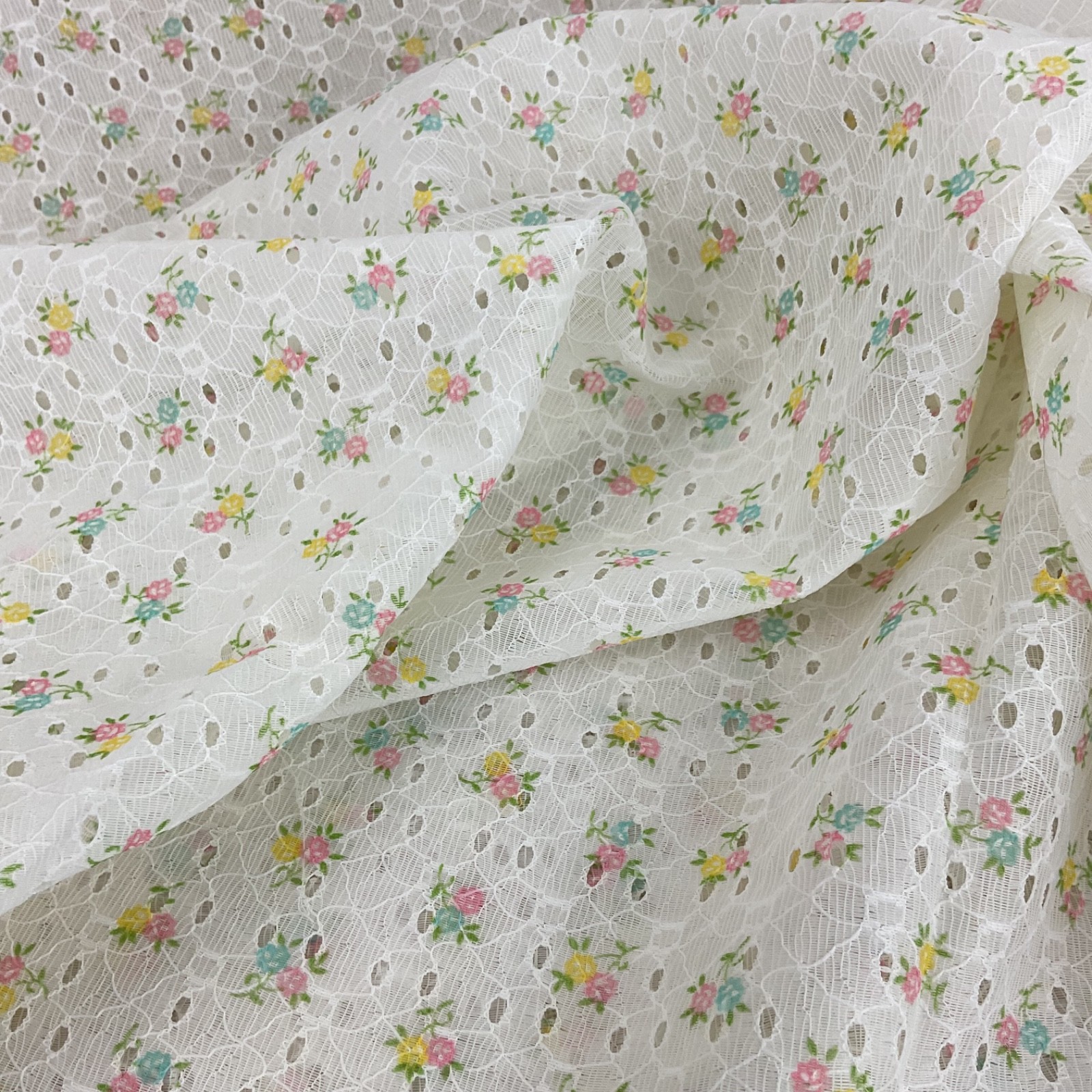 Vintage Pastel Floral Lace Fabric, 77” x 45” Cottage Garden Openwork Textile