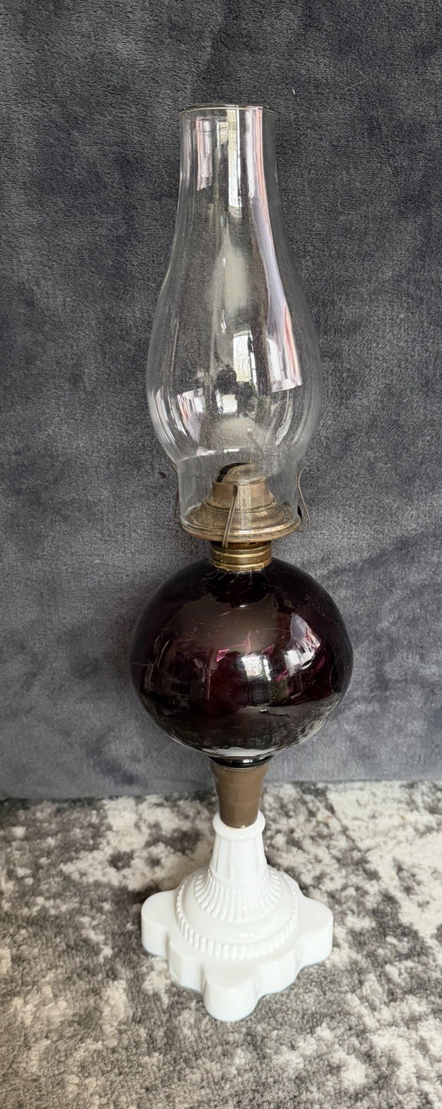 Vintage Amethyst Cranberry Milk Glass Oil Lamp Ribbed MCM w/ Hurricane Brass