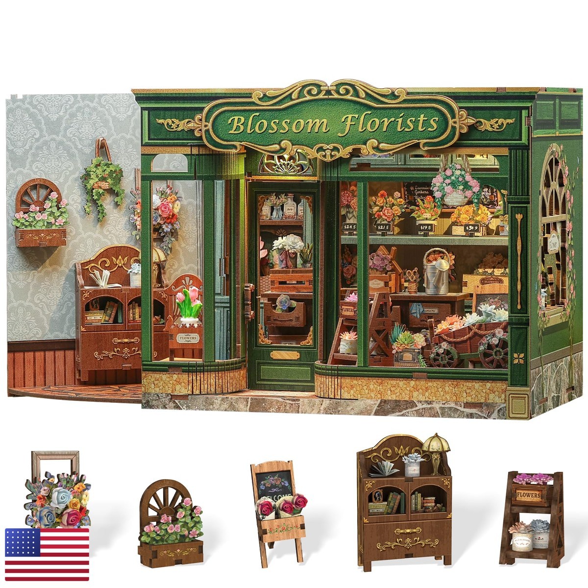 Cutefun Book Nook Kit Blossom Florists 3D Wooden Bookend LED Light Creative Gift