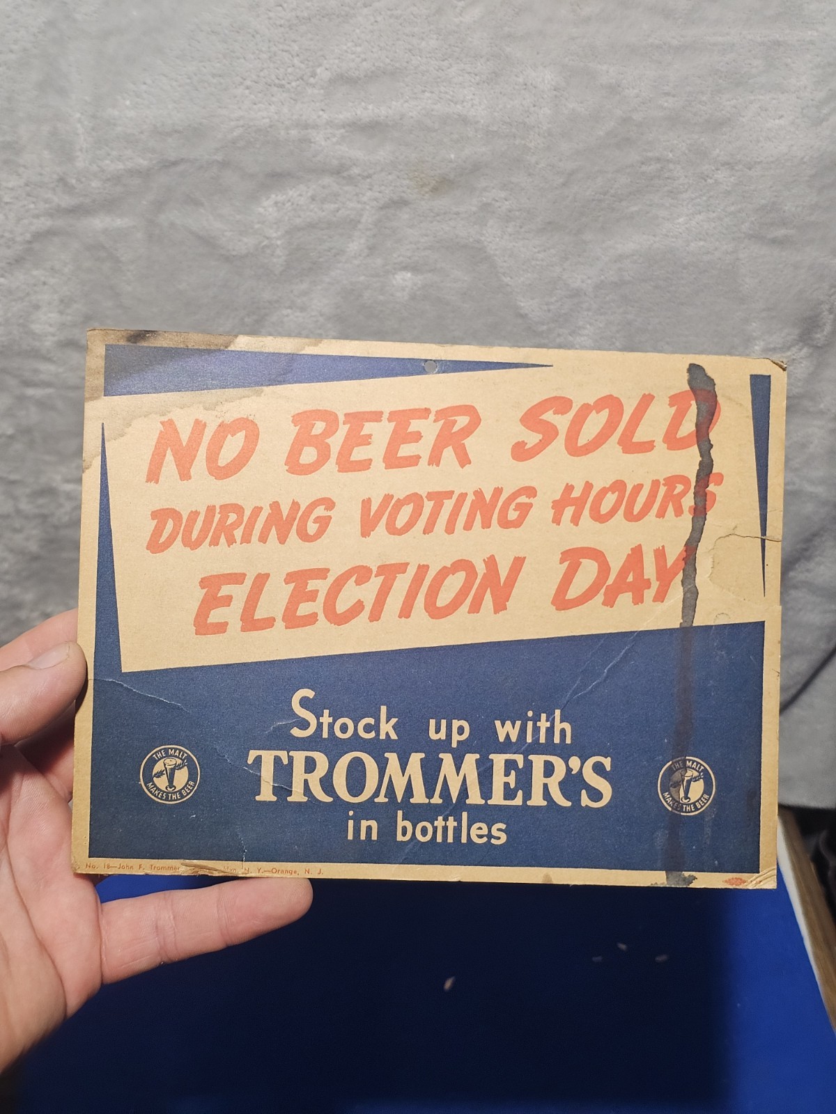Vintage Trommer's Beer Election Day No Beer Sold Advertising Sign Card Brooklyn