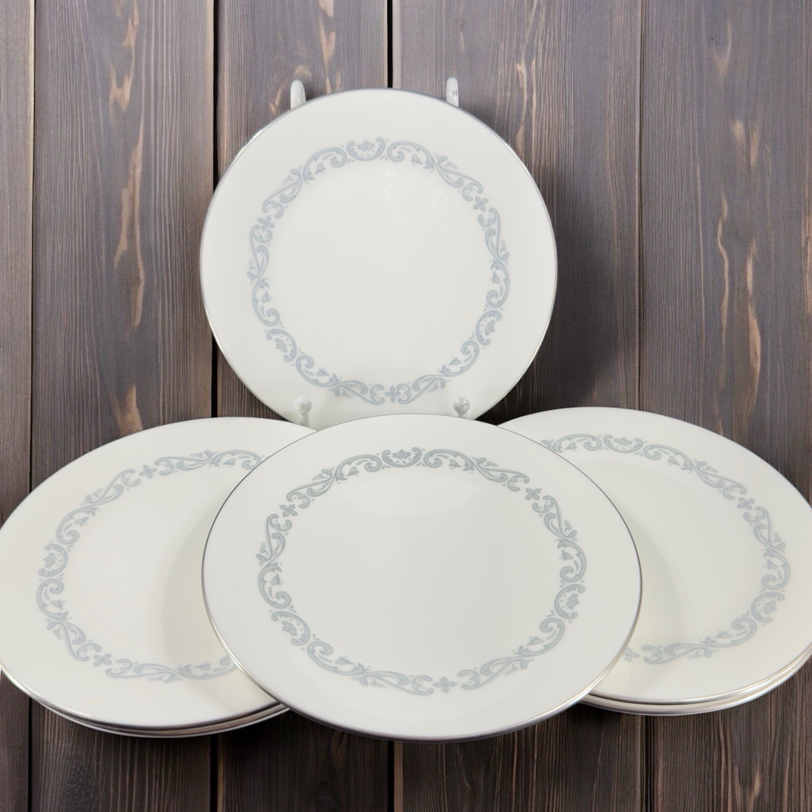 Minton Silver Scroll Pattern Round Porcelain Dish Plate Made In England Set 6