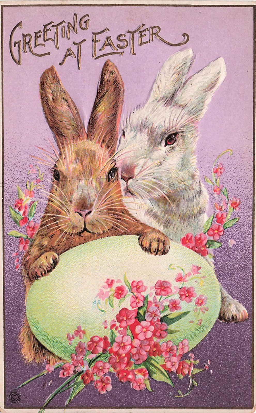 Easter Bunny Humanized Greeting Large Twin Rabbits Floral Egg Vtg Postcard I61