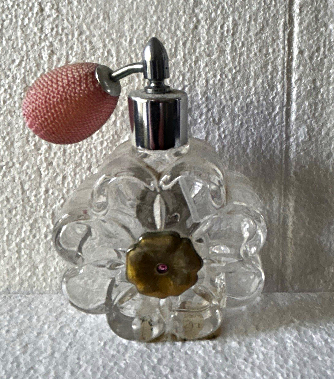 Vintage German Lead Crystal Pansy Perfume Atomizer Bottle Pink Bulb Floral