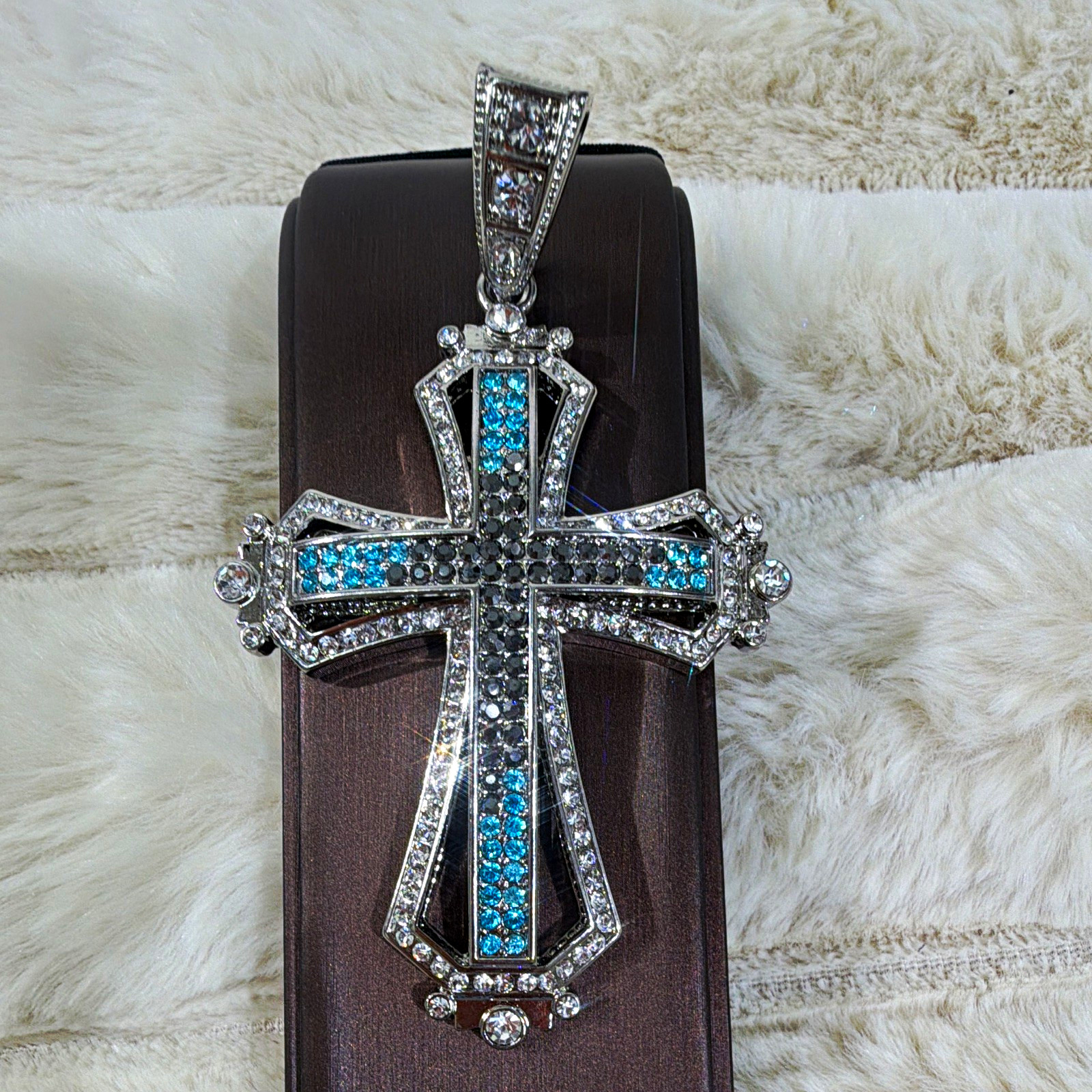 Large Silver-Tone Christian Cross Pendant Charm Blue & Clear Rhinestones 42.2g#5