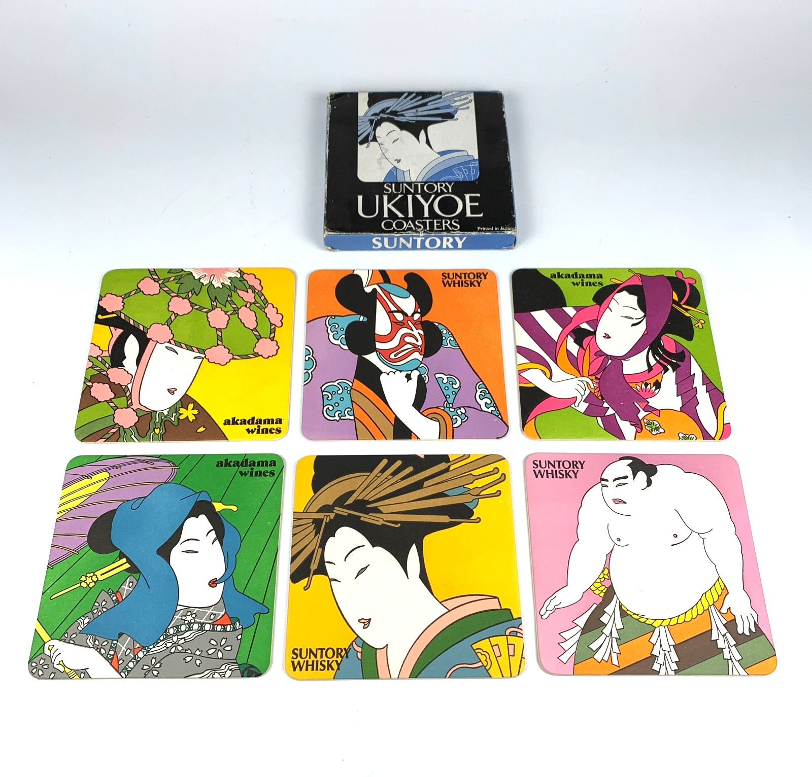 Suntory Ukiyoe Japanese Art Set Of 6 Coasters Original Box Unused Vintage 1970s