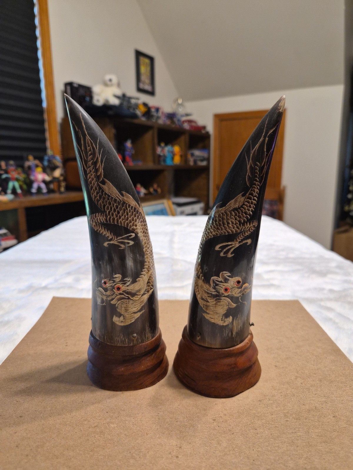 Vintage Carved Water Buffalo Horns Pair Dragon Motif Chinese Asian Decor 1970s