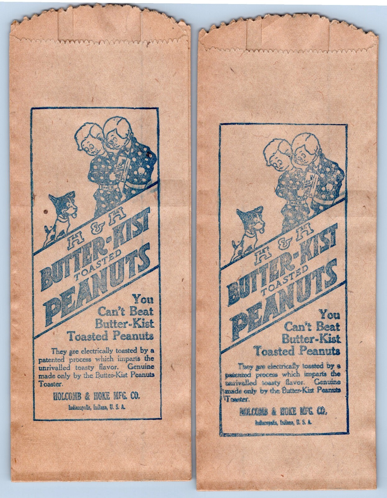 C1915 2 unused advertising bags H&H BUTTERKIST TOASTED PEANUTS kids w/dog