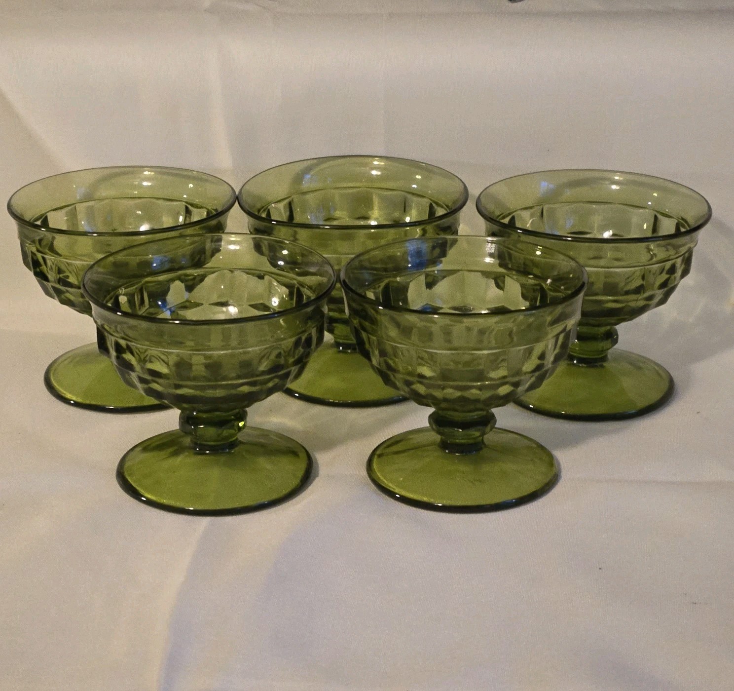 5 VTG Indiana Glass Avocado Olive Green Whitehall Sherbet Dessert Footed Cups