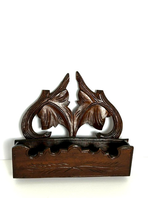 Antique Black Forest Carved Walnut Wood Wall Letter Holder Folk Art Germany