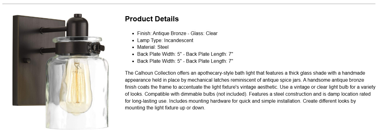 Progress Lighting P300045-020 Calhoun Collection 1 Light, Antique Bronze