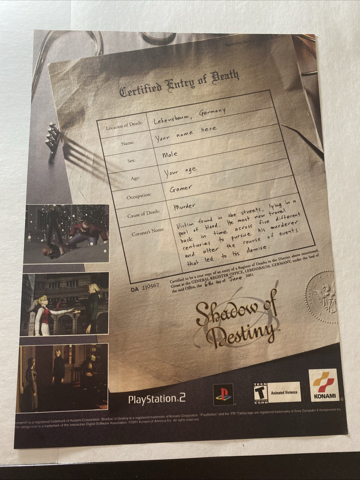 Shadow of Destiny Sony PlayStation 2 PS2 Death Print Ad/Poster Promo Art
