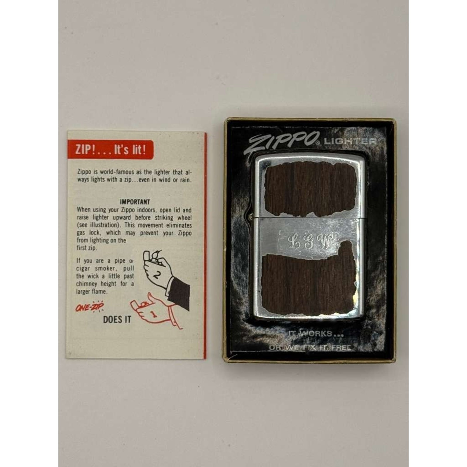 1975 Zippo Regular Chrome Woodgrain Lighter Vintage Bradford PA Box Papers Sert