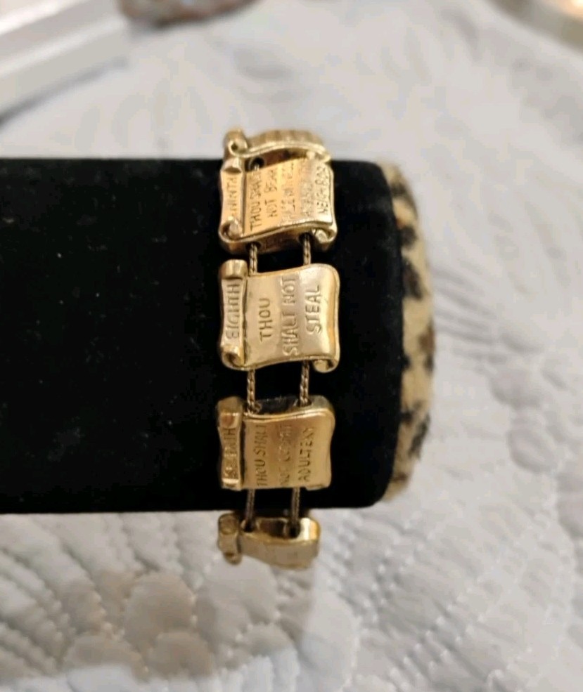 Vintage Gold Tone Ten Commandments Panel Link Bracelet Mid Century Religious
