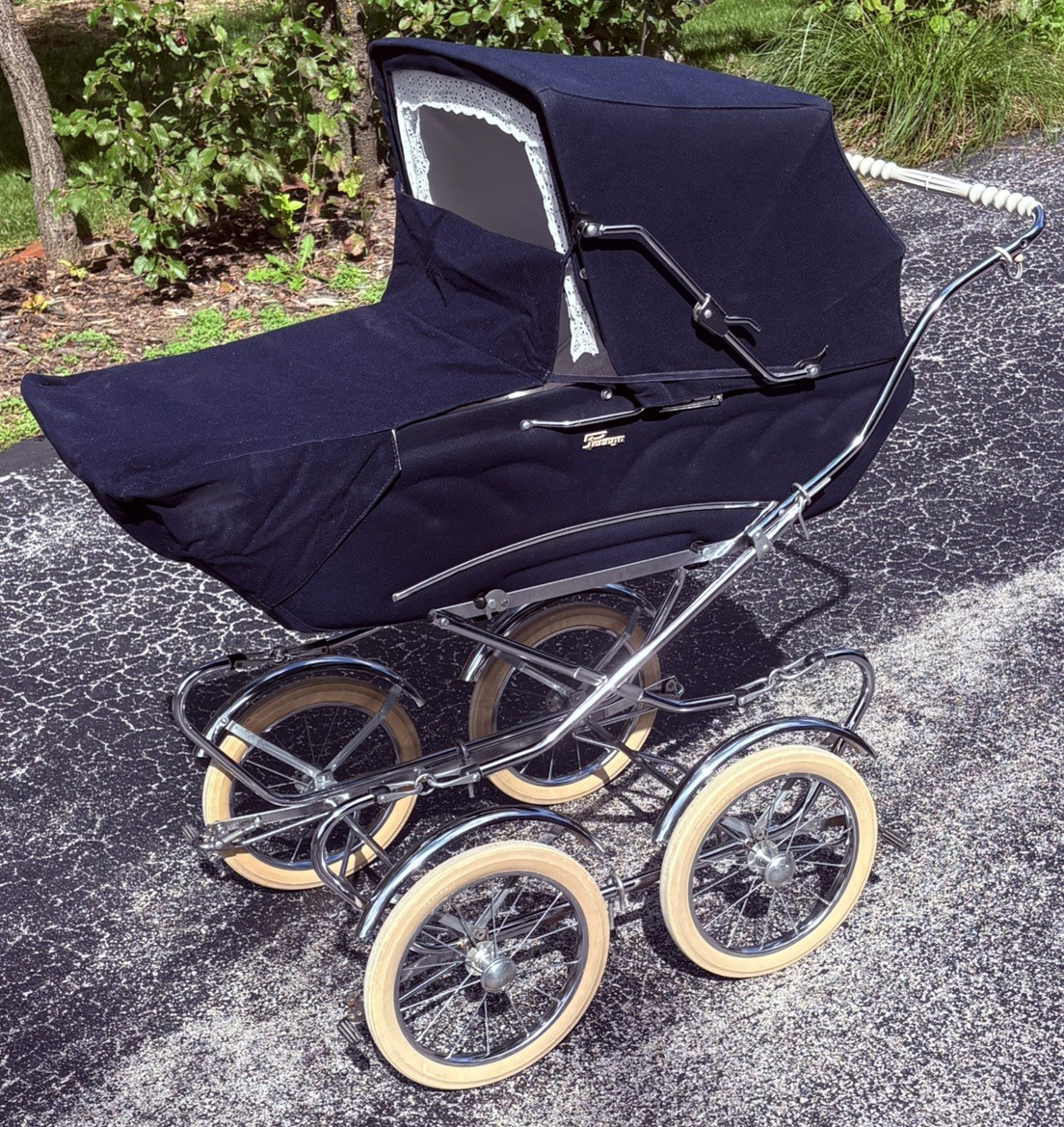 Vintage 1970’s Peg Perego Pram Baby Carriage - Navy Blue Suede - Made in Italy