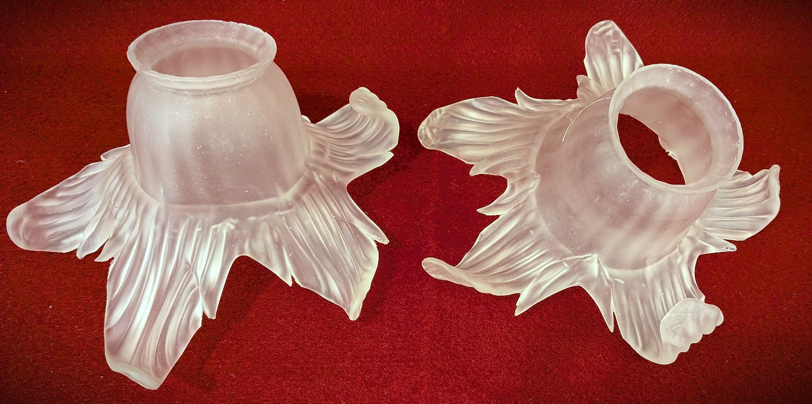 French Antique Tulip Petal Frosted Glass Shades Hand Blown Lamp Chandelier Pair