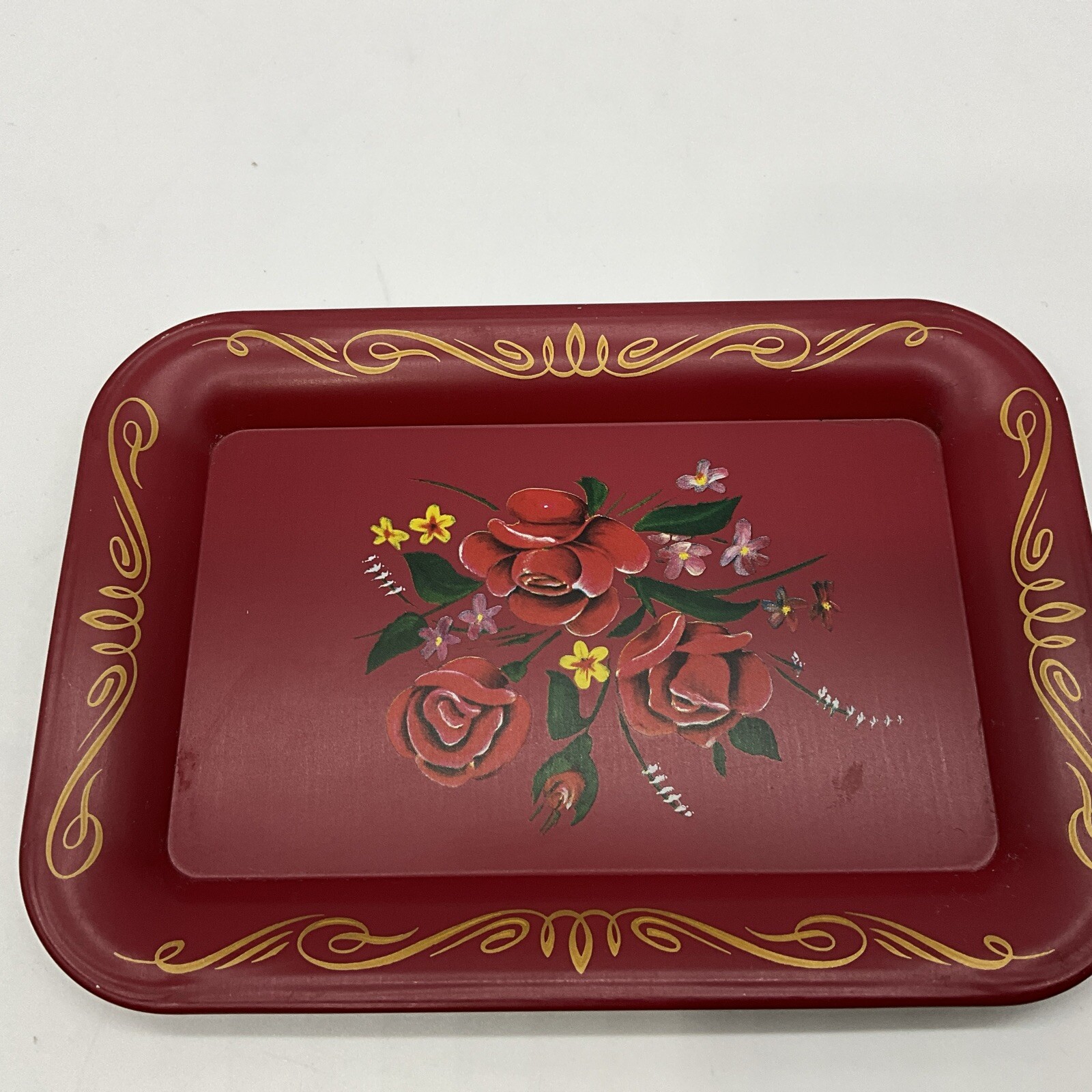 VTG Small Red Tole Ware Tray With Floral Design 6 5/8” X 4 5/8”