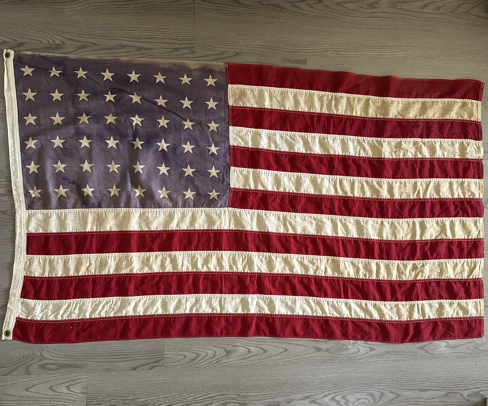 Antique 48 Star American Flag Sun Faded Linen 55.75