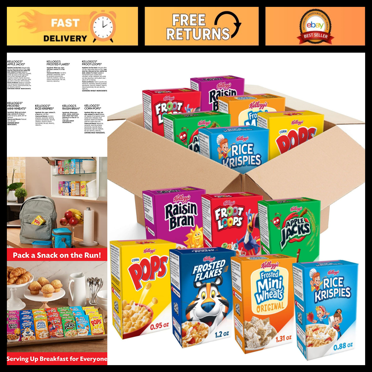 Kellogg's Cold Breakfast Cereal, Bulk Pantry Staples, Kid Snacks, Variety Pack (
