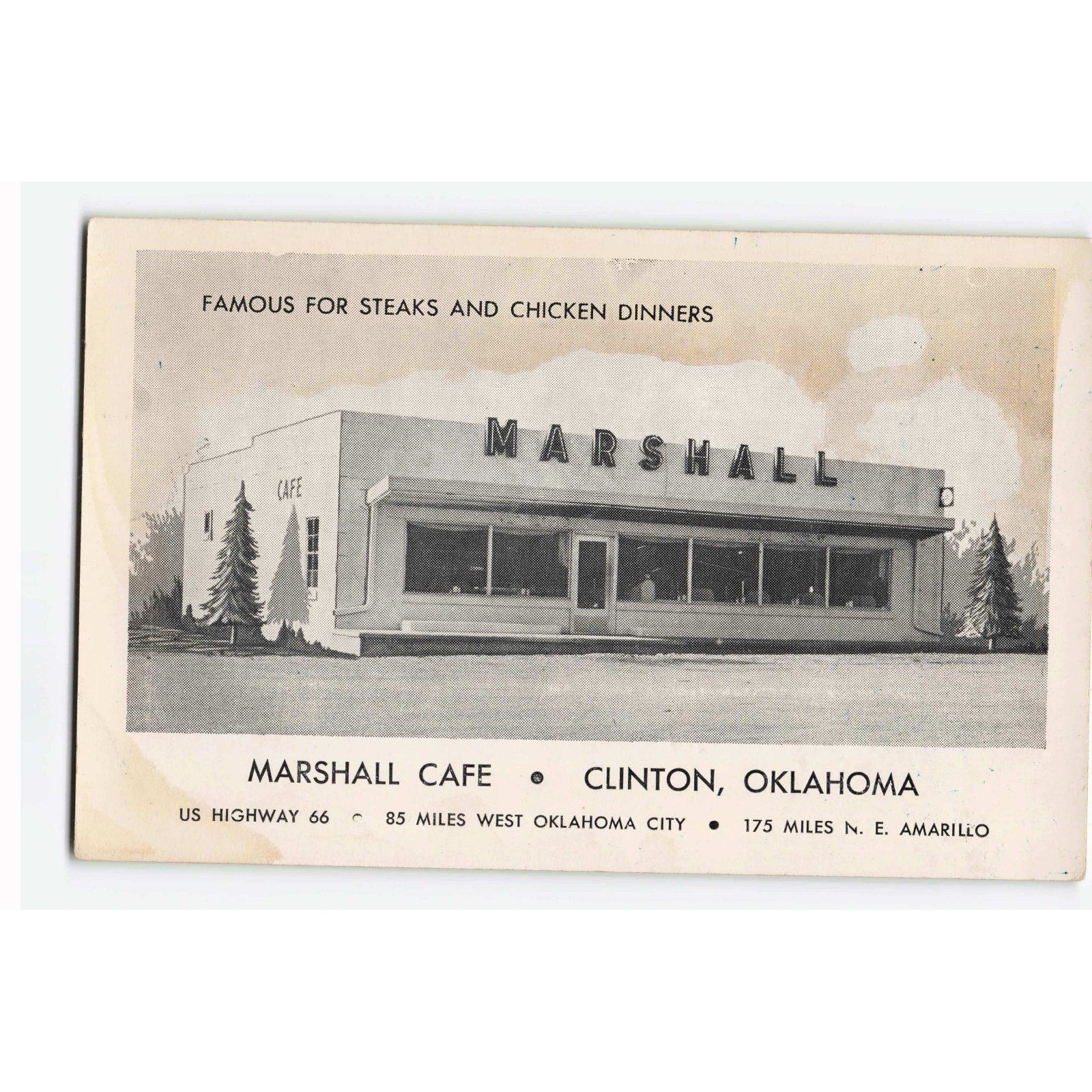 Vintage Marshall Cafe Postcard Clinton Oklahoma US Highway 66 Route 66 Diner