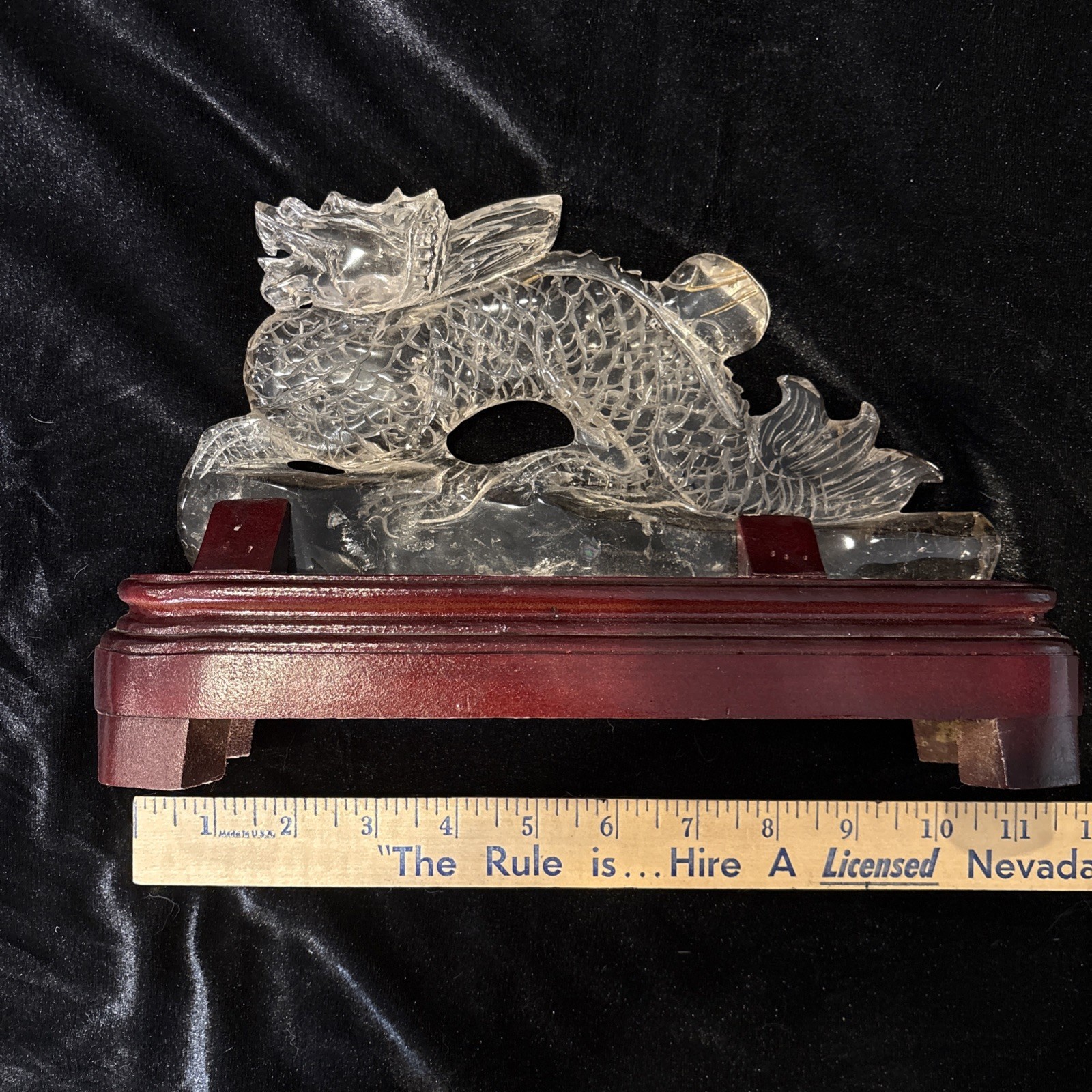 9.5” X 4.5” X 1” Smokey Quartz Dragon Carving With Gold Rutile w/Wooden Stand