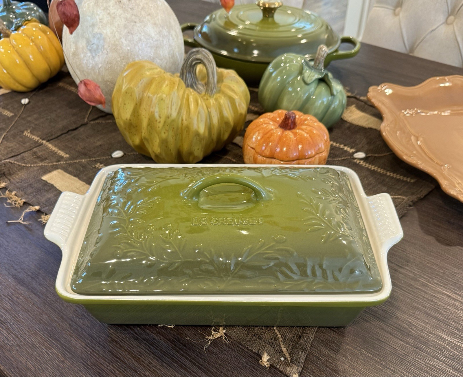 NEW Le Creuset 4 Qt Rectangular Stoneware Heritage Casserole Olive Branch *OLIVE