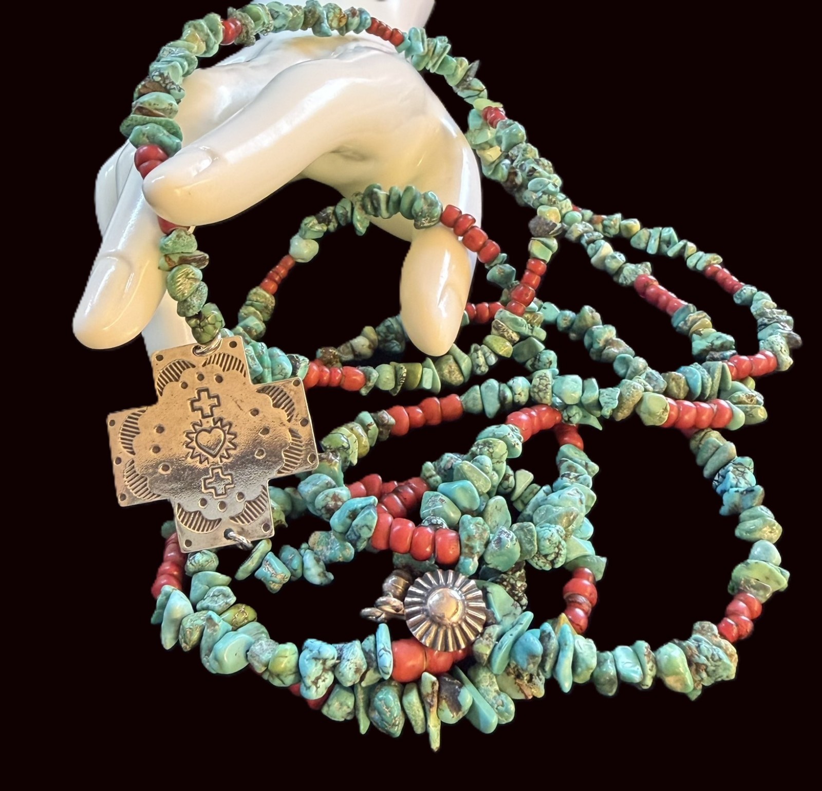 Vintage T Foree Hunsicker Sterling Silver Turquoise Coral Cross Necklace 30