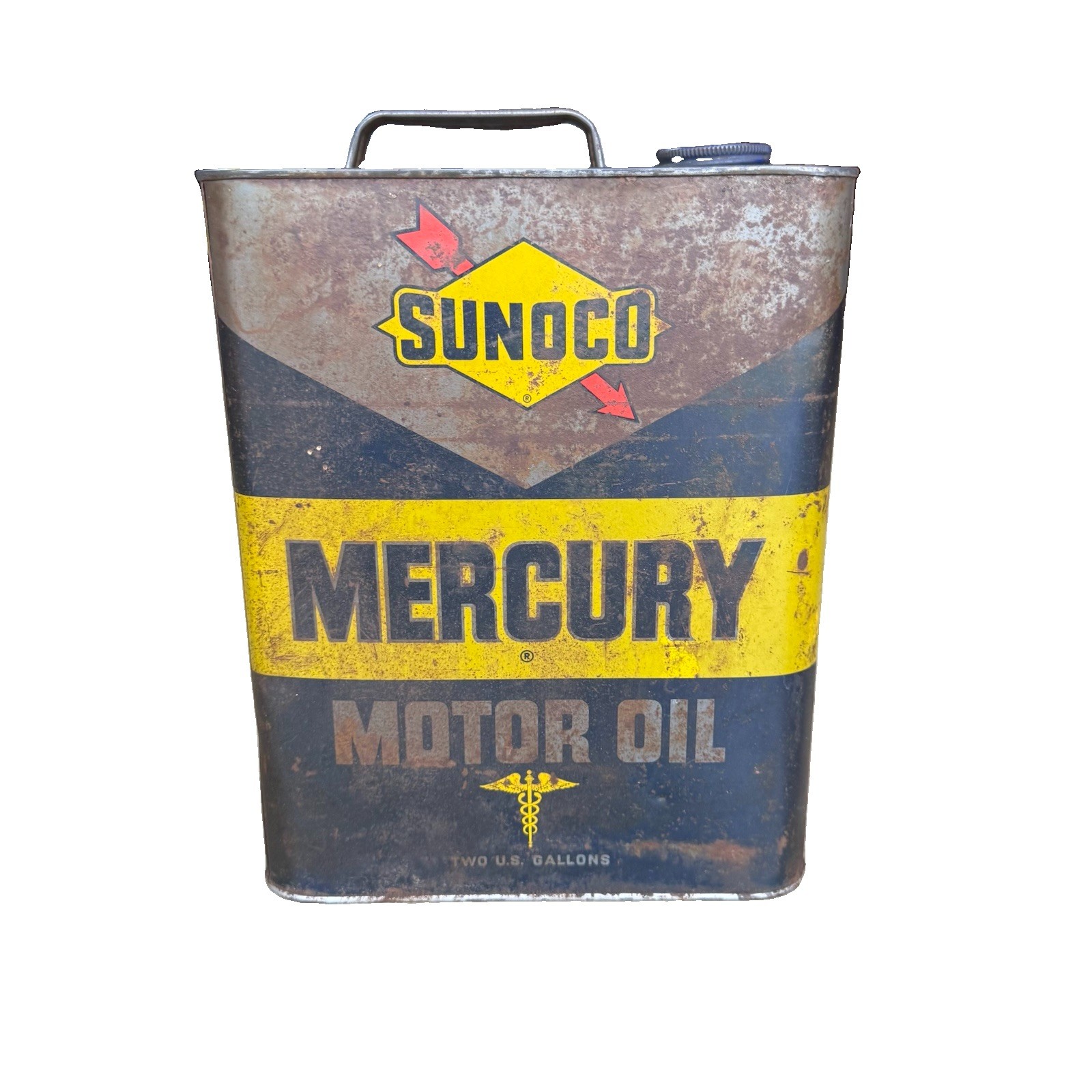 Vintage SUNOCO Mercury Motor Oil 2 Gallon Metal Can Gas Station Advertising