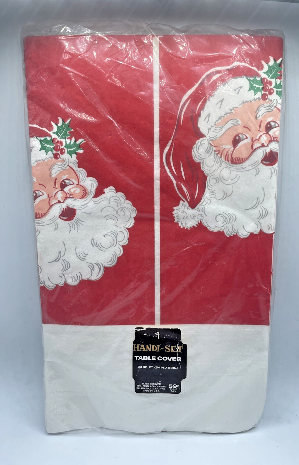 Vintage Handi-Set Red Christmas Santa Claus Paper Table Cover Tablecloth 54x 88