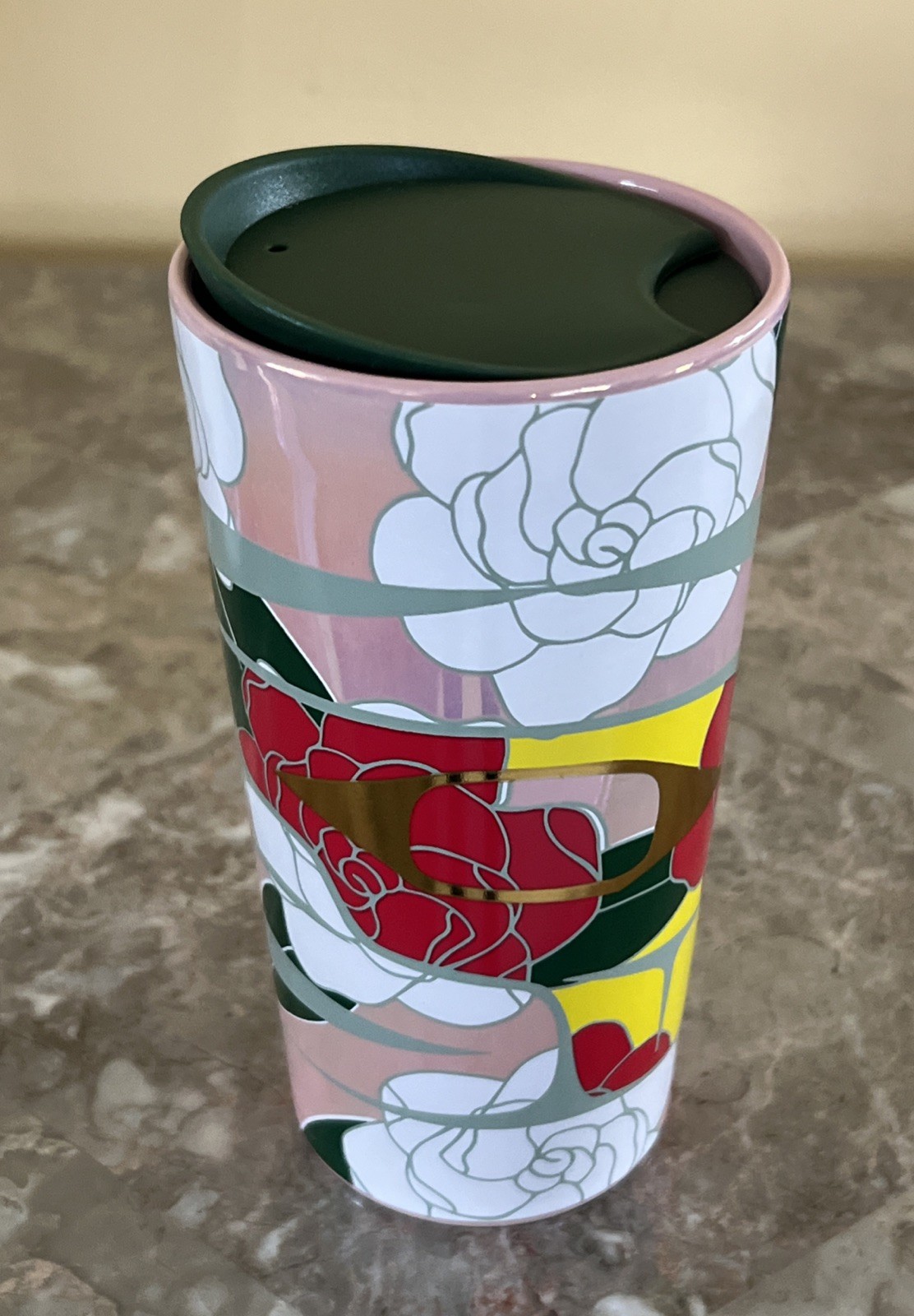 Starbucks Ceramic Travel Tumbler Cup Mug Alison Bremner Iridescent Pink