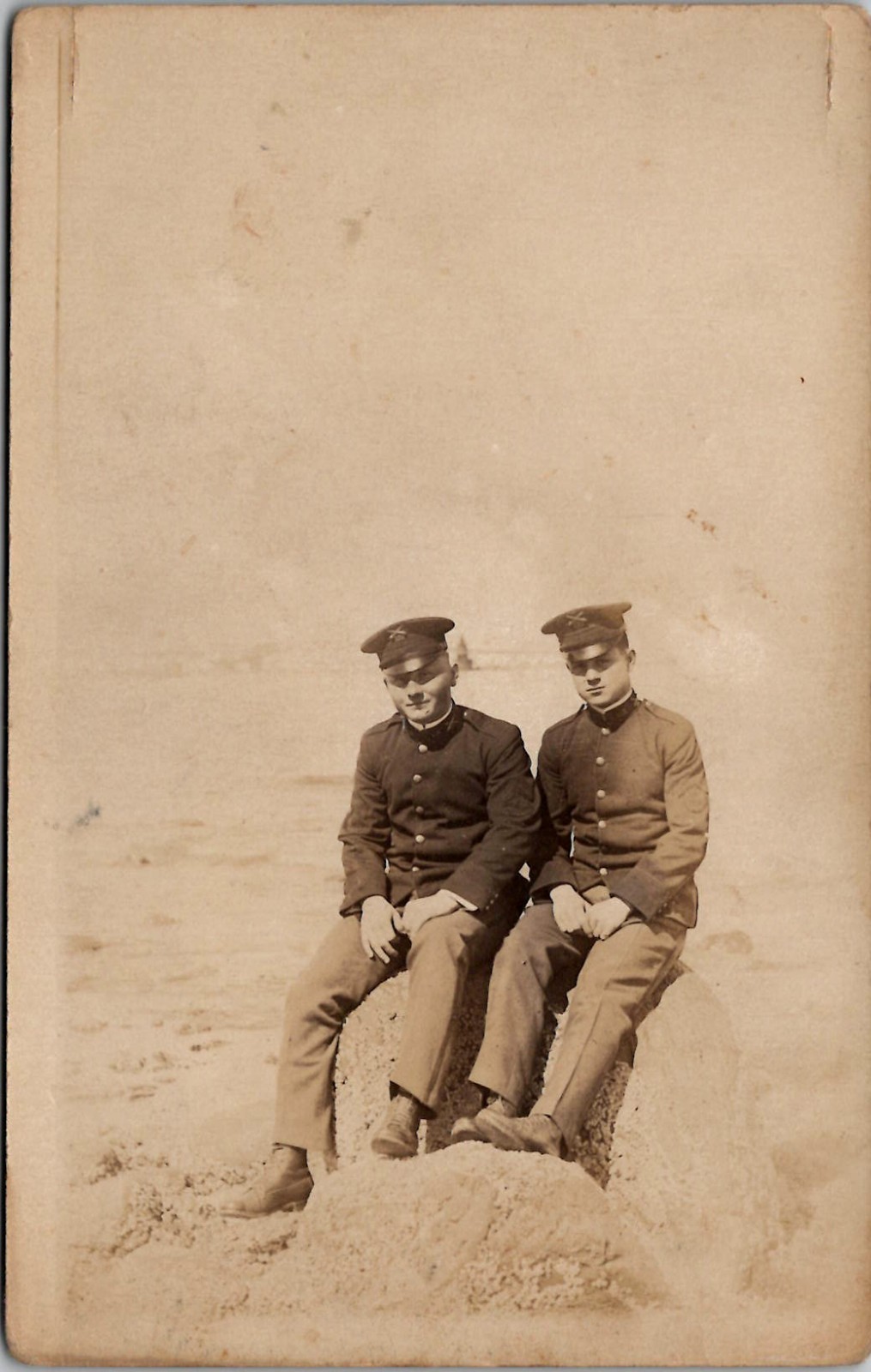 RPPC 2 Soldiers Outdoor Sitting On A Rock, Real Photo Postcard 