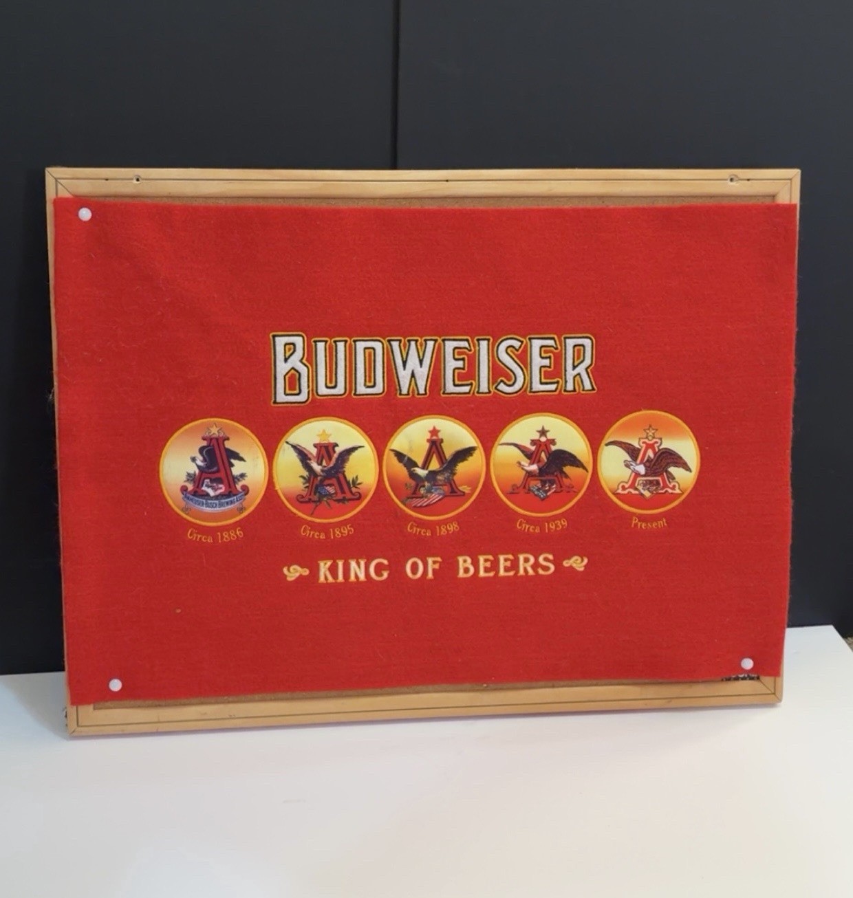 Vintage Budweiser Felt Banner King Of Beers & Logos On Wood Corkboard 22.5x17”