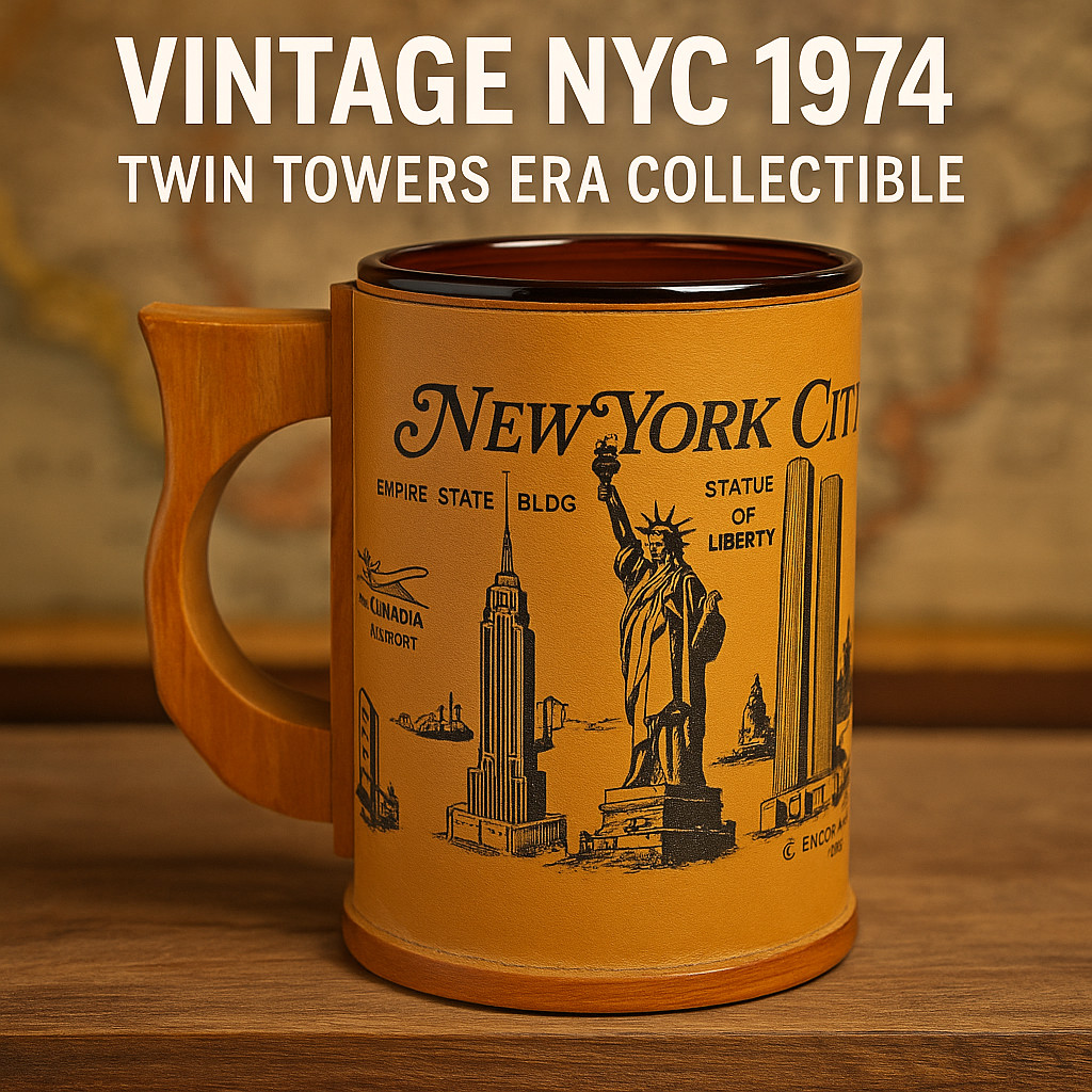 VTG 1974 New York City Mug Leather Look Wood Handle ENCO WTC Statue Liberty