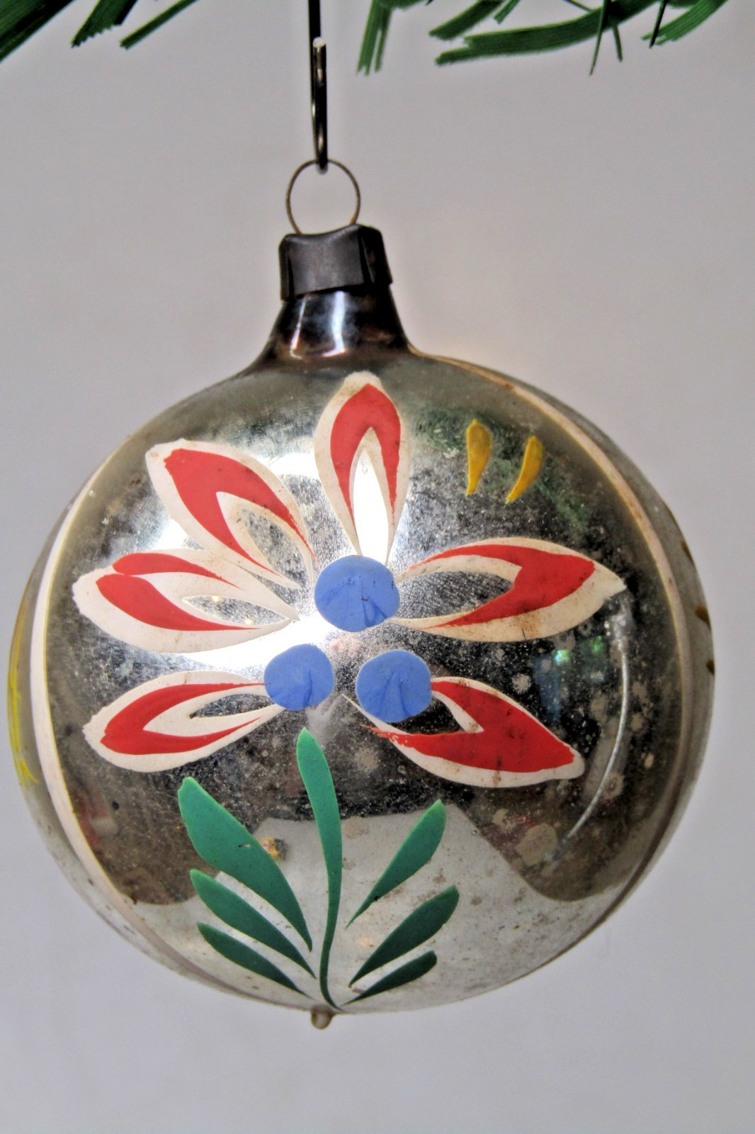 Vintage Blown Glass RED FLOWER on STEM Pictured BALL Christmas Ornament Poland