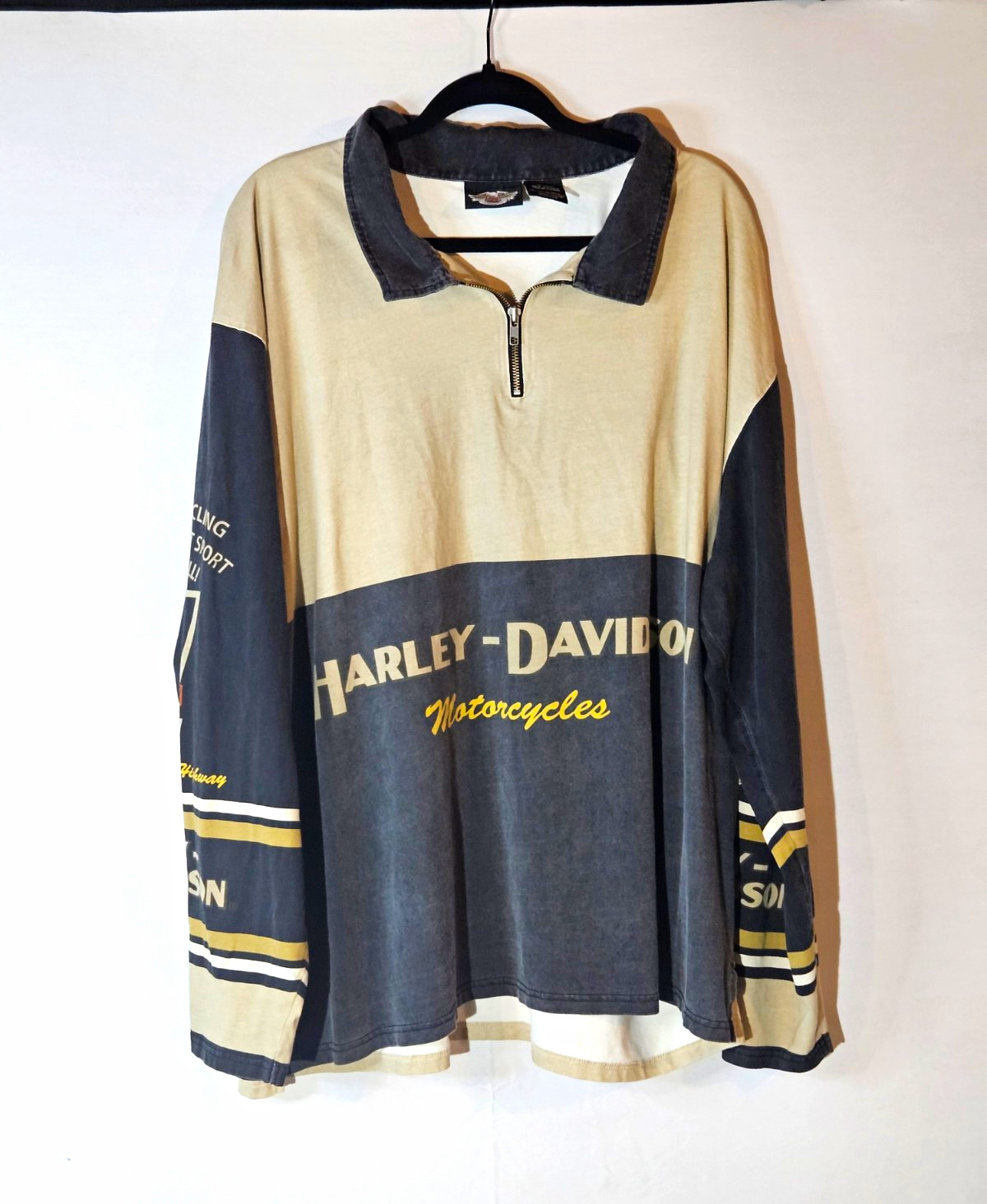 Vintage Harley Davidson Colorblock 1/4 Zip Polo Shirt Long Sleeve Graphics