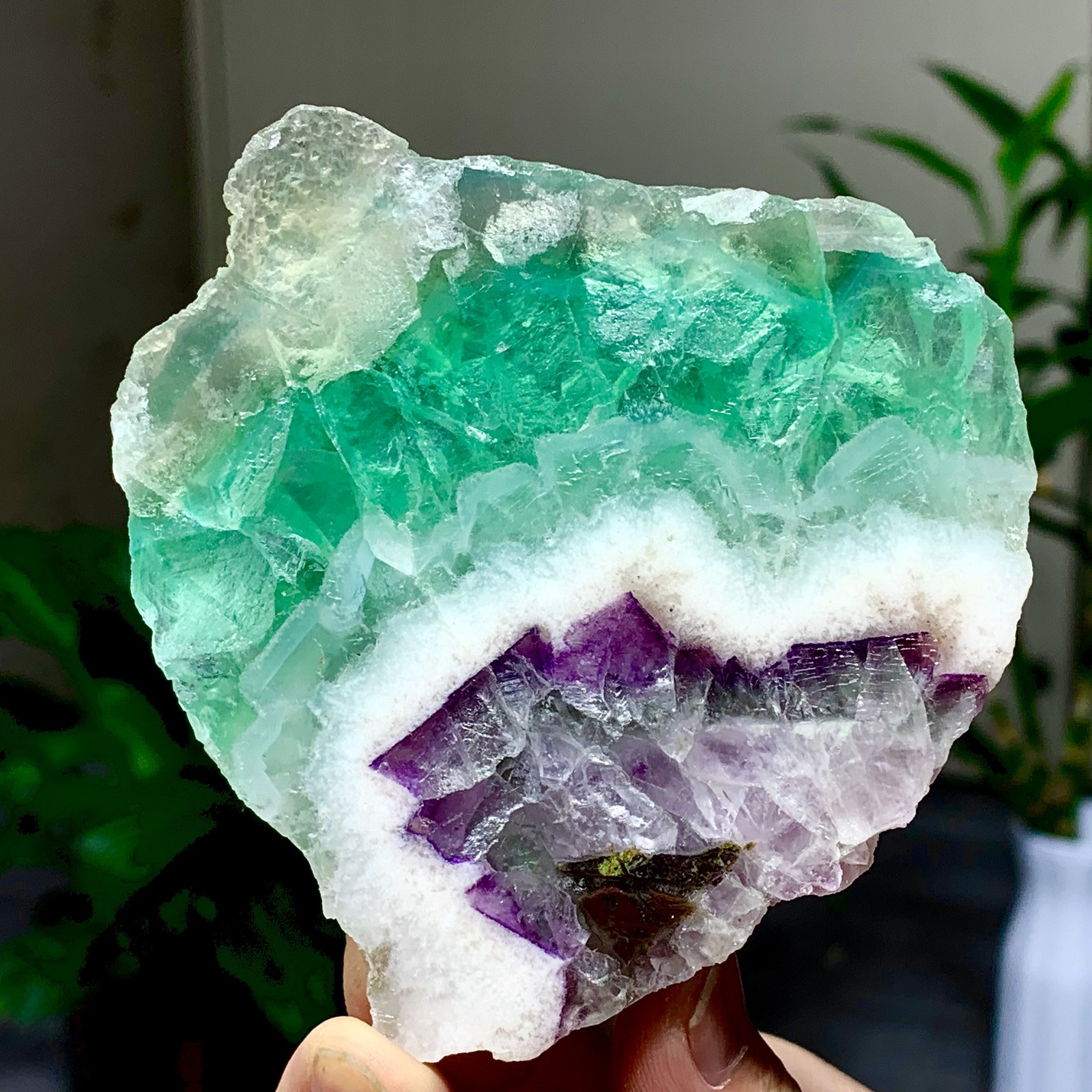 214G Natural green-purple fluorite quartz crystal slab spiritual energy repair
