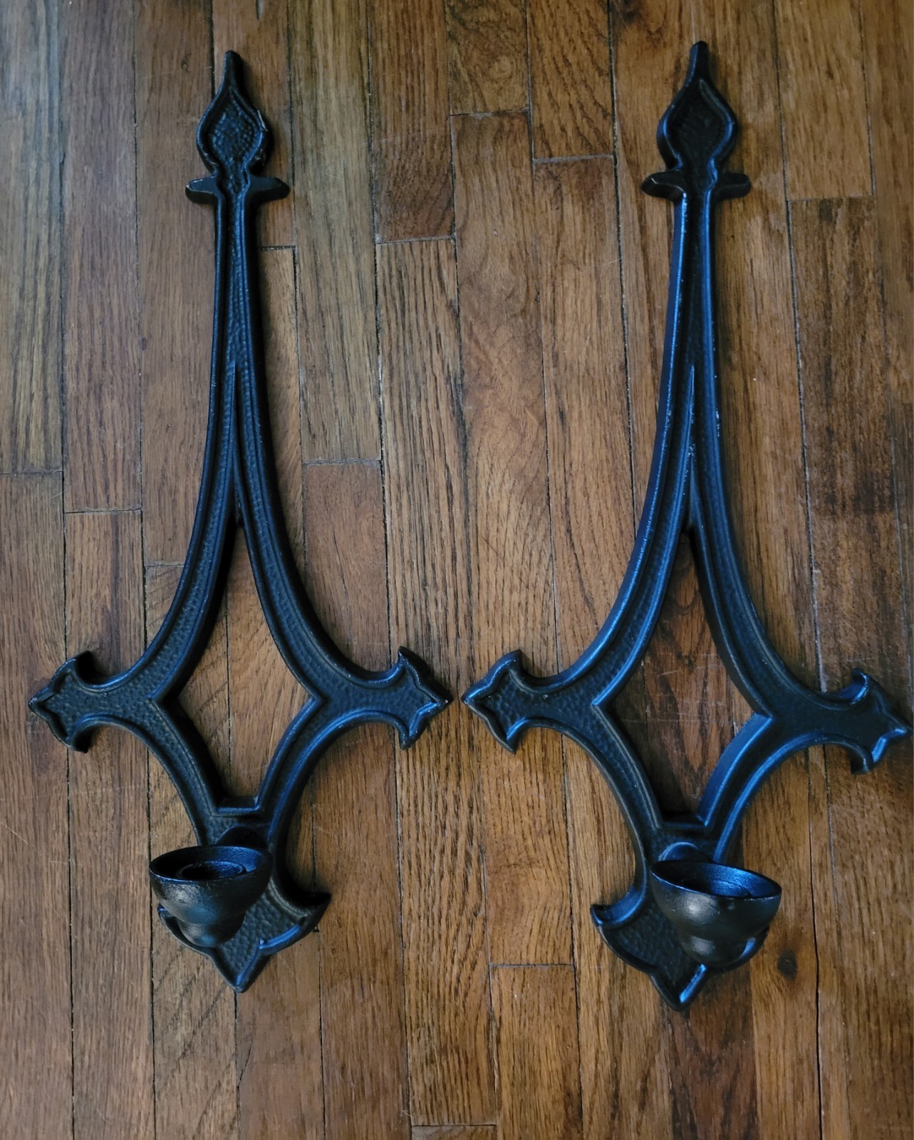Vintage Pair Hammered Cast Iron Look Gothic Spanish Wall Sconce Candle Holders
