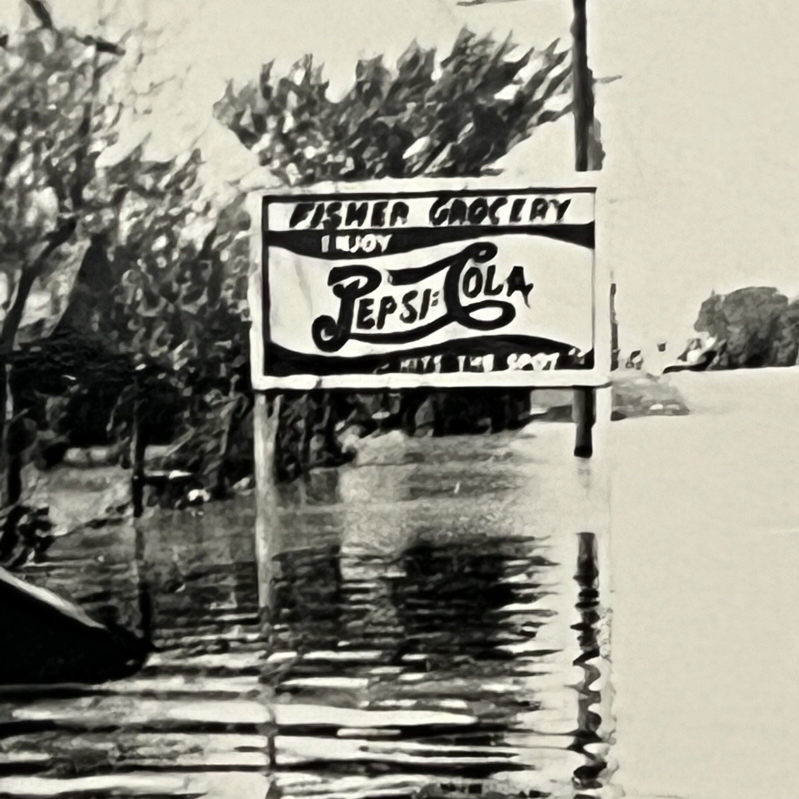 Vintage B&W Snapshot Photograph Fisher Grocery Pepsi Cola Sign During Flood