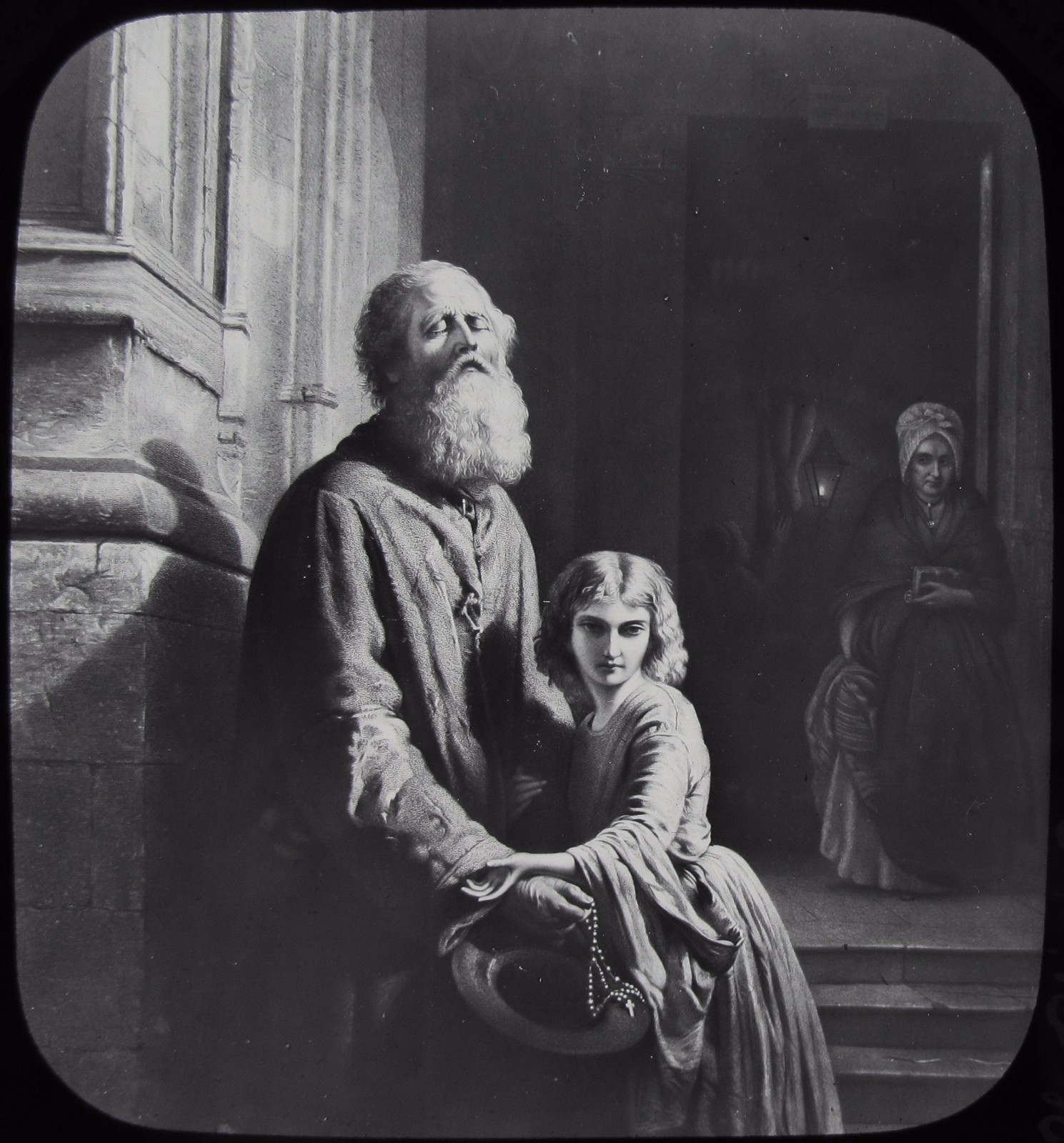 Glass Magic Lantern Slide THE BLIND BEGGAR C1900 ART DRAWING 