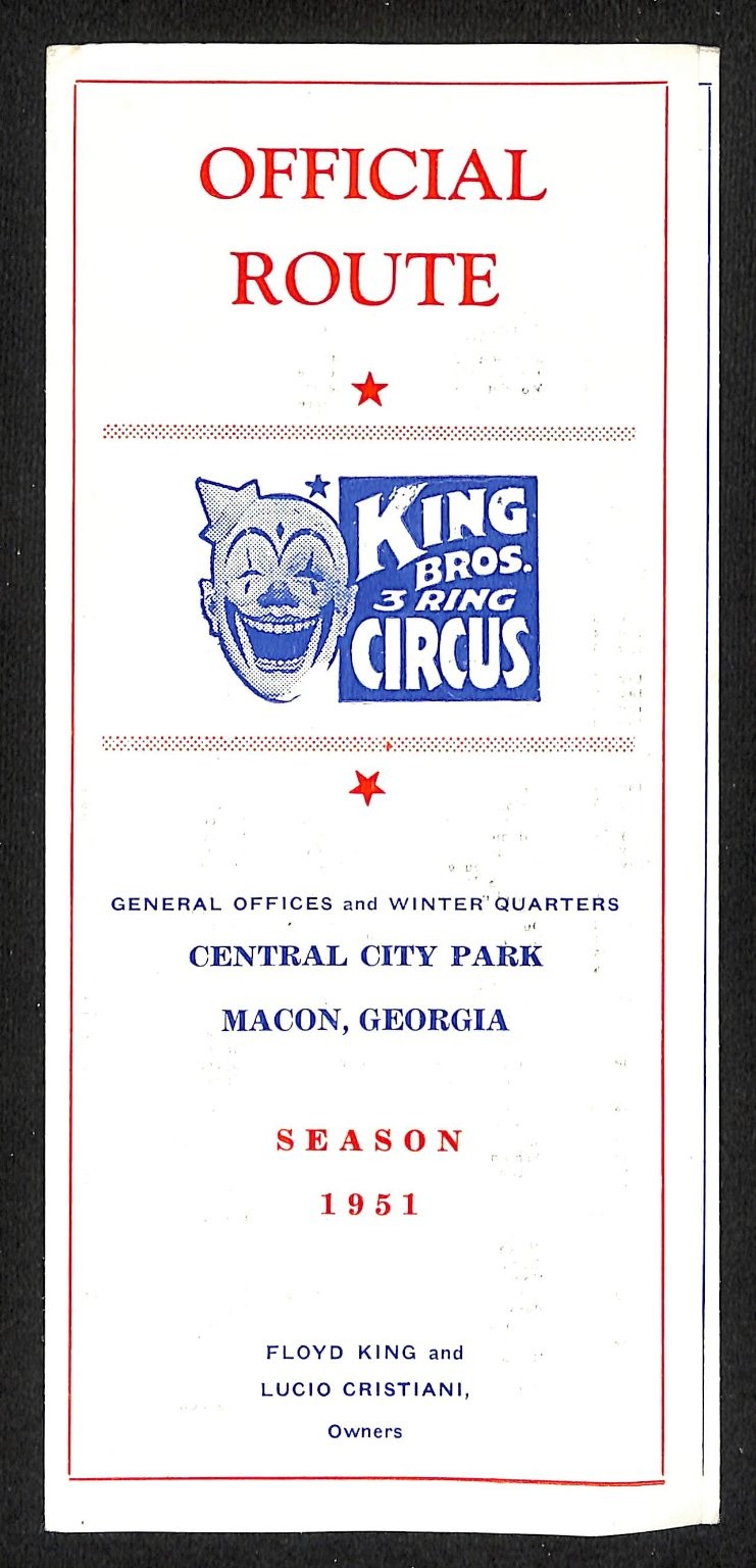King Bros. 3 Ring Circus Official Route 1951 Macon Georgia