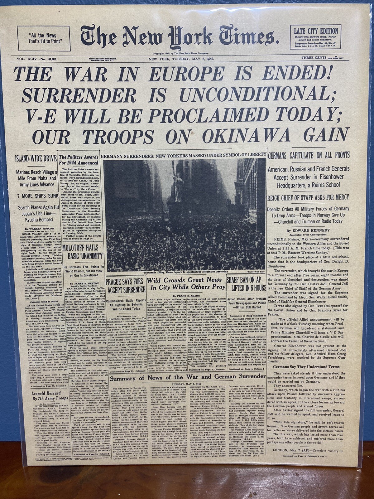 VINTAGE NEWSPAPER HEADLINE~WAR IN EUROPE OVER V-E DAY WWII 1945 GERMAN SURRENDER