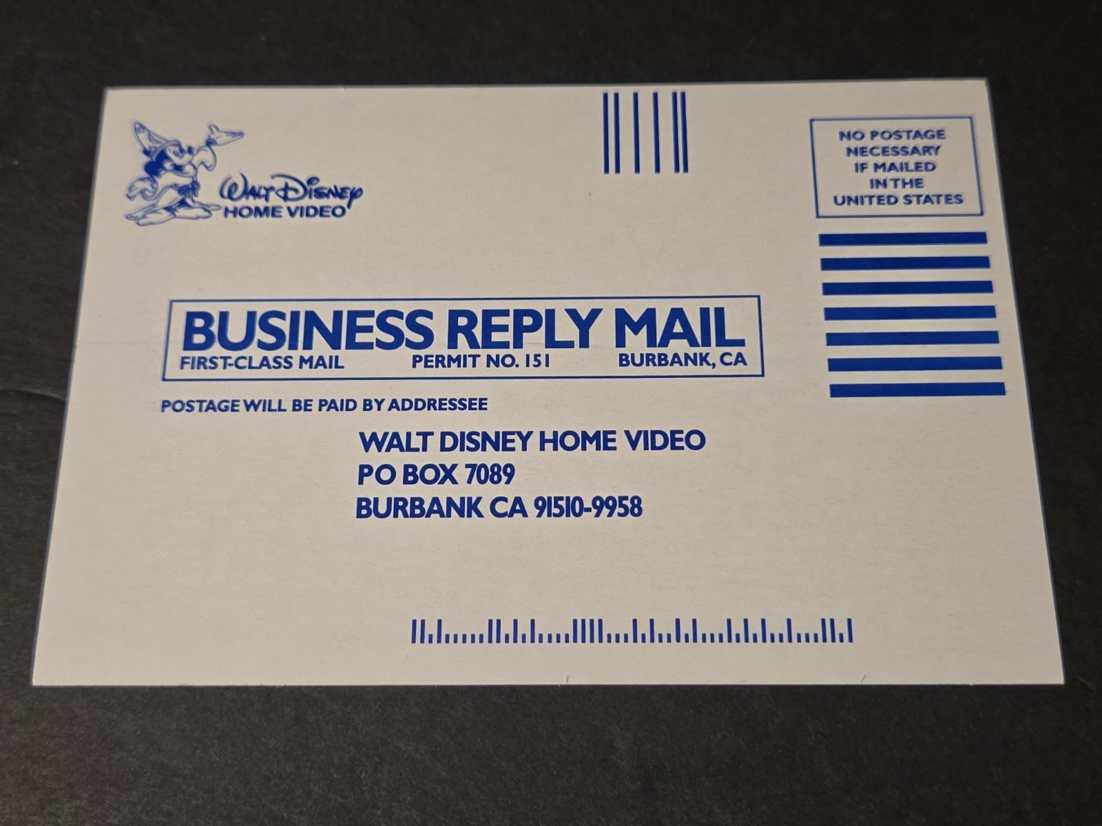 Walt Disney Home Video Business Reply Mail  Fun And Fancy Free Postcard RARE