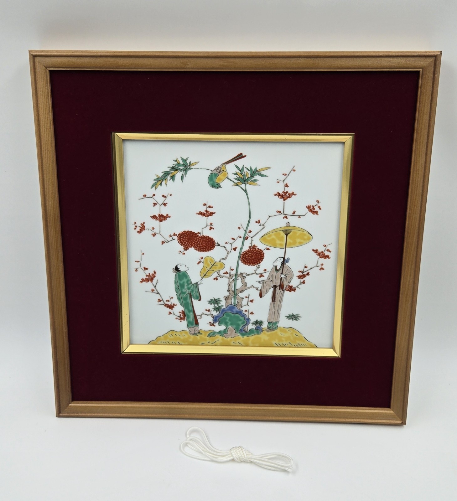 Japanese Floral Art Framed Hand- Painted Porcelain Art - Floral & Birds Motif