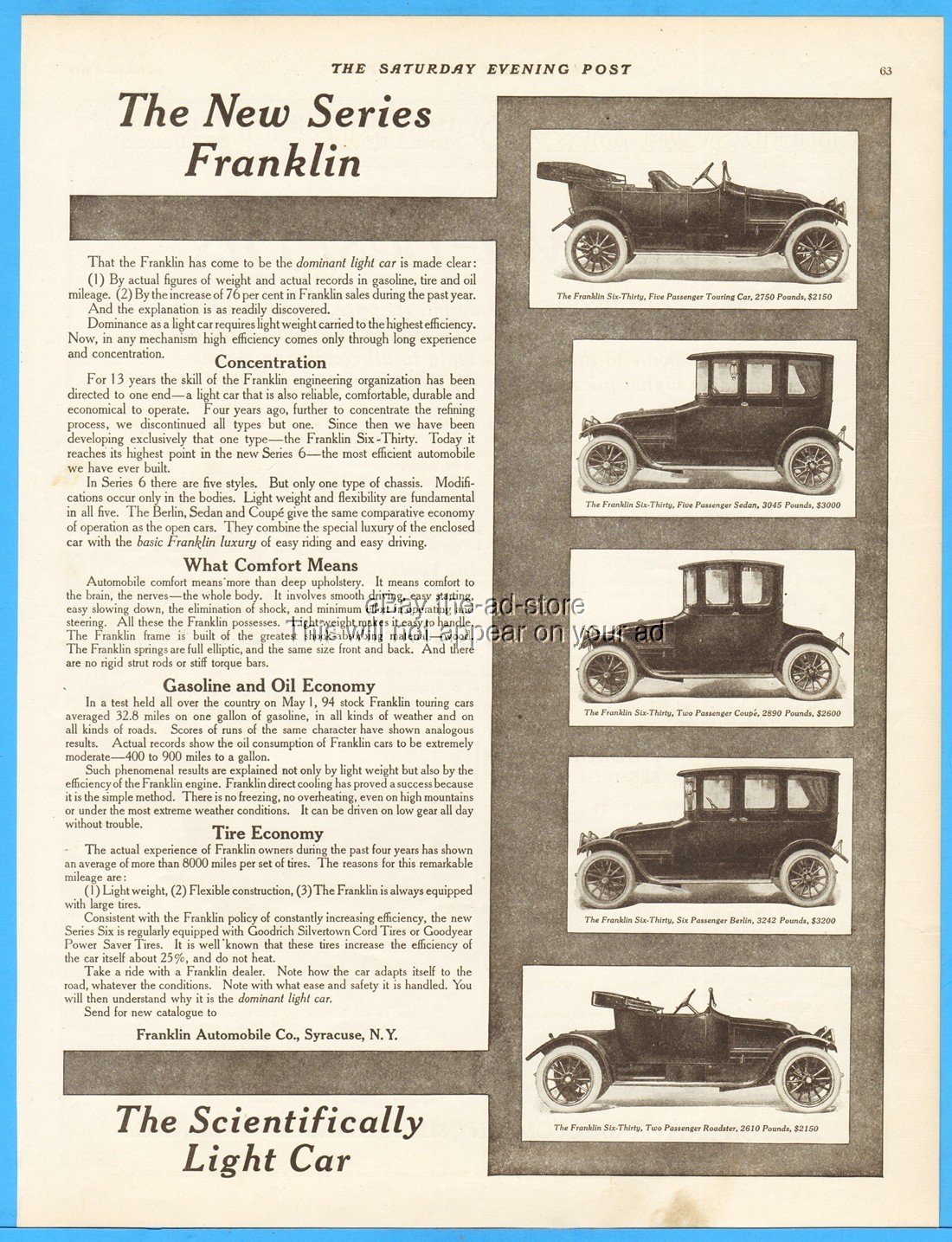 1914 Franklin Six Thirty Touring Car Sedan Coupe Berlin Roadster Syracuse NY Ad