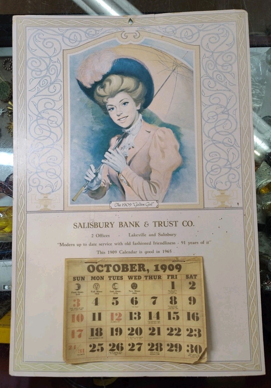 VINTAGE 1909 Golden Girl Calendar Salisbury BANK And Trust Co. Oct.-Dec. ONLY
