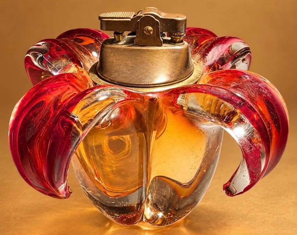 Vintage Amberina Art Glass Lotus Flower Table Lighter Japan Mechanism